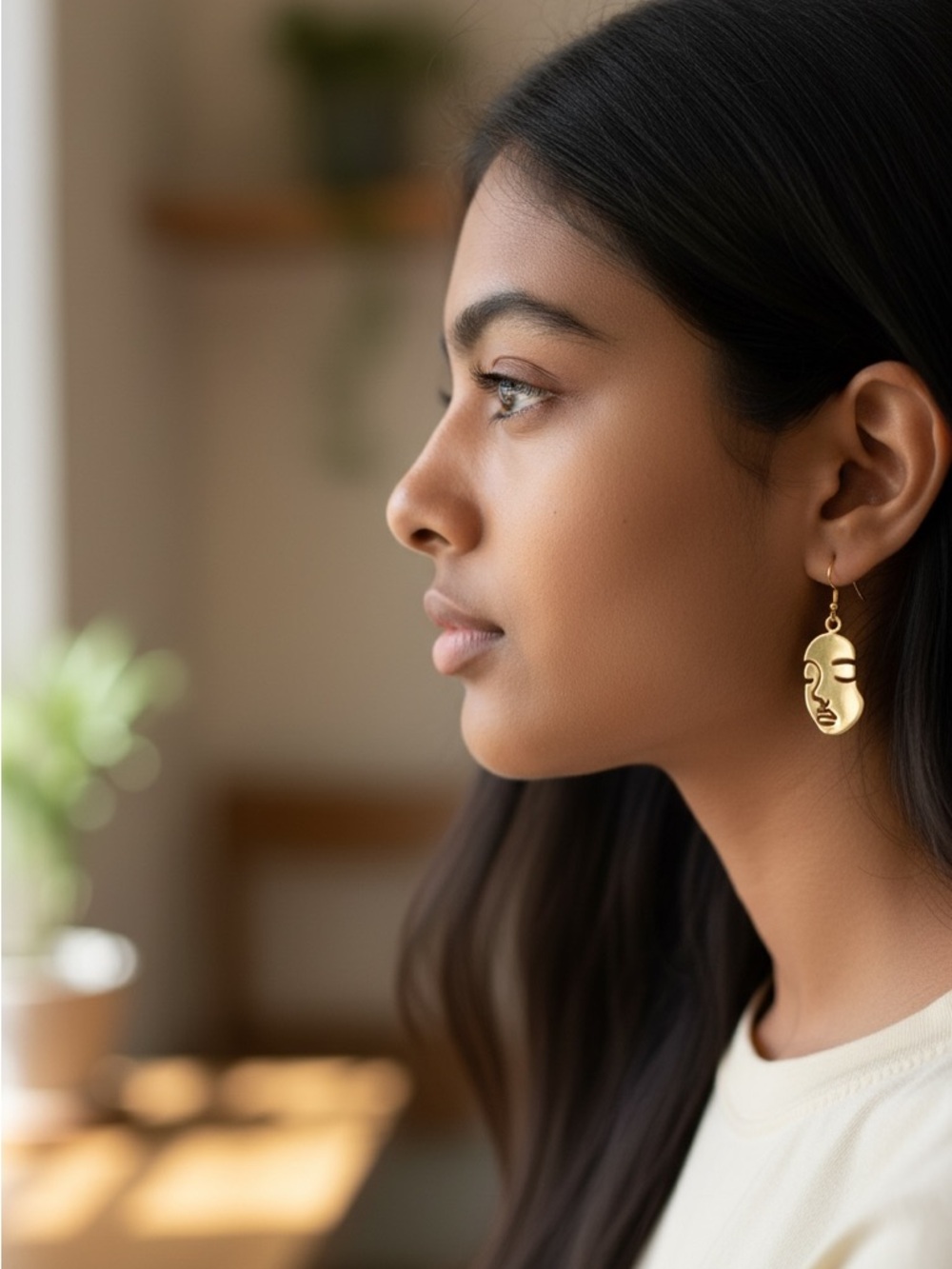 Gold Abstract Face Outline Earrings | Stylish and Artsy Look | Handmade NWT - Picture 3 of 9
